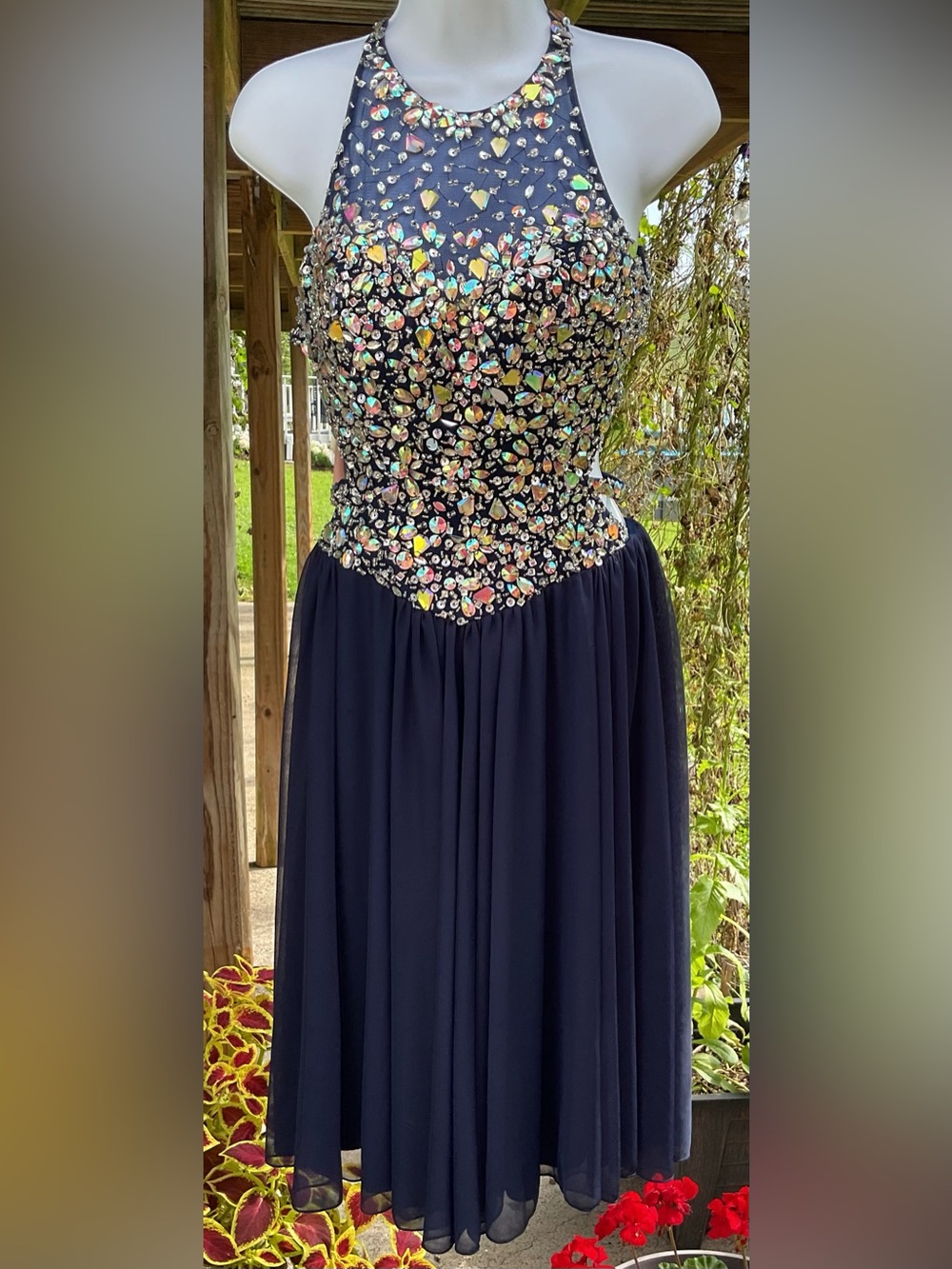 Homecoming Dress Size 4 Terani Couture Navy Rhinestone Beaded Halter Open Back